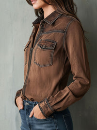 Veste Chemise Utilitaire à Zip avec Couture Contrastée Vintage Marron Lavé