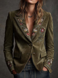 Blazer en Velours Vert Olive avec Broderies Florales Intriquées