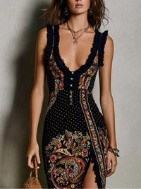 Victoire | Robe imprimée style bohème à décolleté plongeant et fente haute
