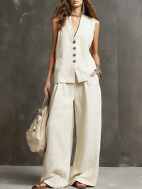 Alice | Ensemble deux pièces en coton et lin avec gilet sans manches et pantalon large