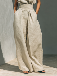 Julie | Ensemble deux pièces beige en lin avec haut sans manches et pantalon large