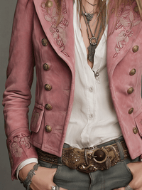 Veste en Suède Vintage à Double Boutonnage avec Broderie