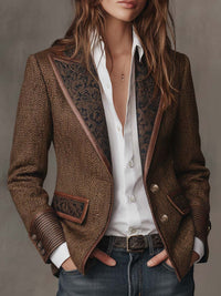 Blazer en Tweed Chevrons avec Panneaux Imprimés