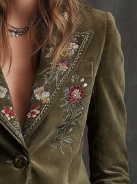 Blazer en Velours Vert Olive avec Broderies Florales Intriquées