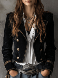 Blazer Militaire Retro en Velours Noir avec Détails en Boutons Dorés