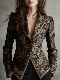 Blazer Ajusté à Revers Enveloppés en Jacquard Paisley de Luxe Silencieux