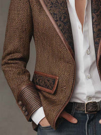 Blazer en Tweed Chevrons avec Panneaux Imprimés