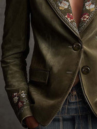 Blazer en Velours Vert Olive avec Broderies Florales Intriquées