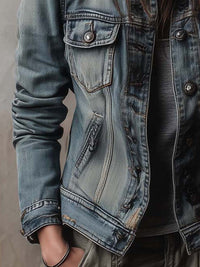 Veste en Denim Utilitaire Lavée et Décolorée avec Épaulières