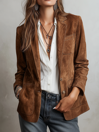 Veste en Suède Écologique avec Couture Contrastée Rétro