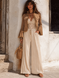 Veste Longue à Manches Longues en Dentelle Vintage Boho avec Poches et Patchwork
