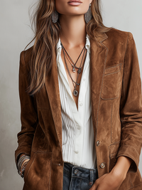 Veste en Suède Écologique avec Couture Contrastée Rétro
