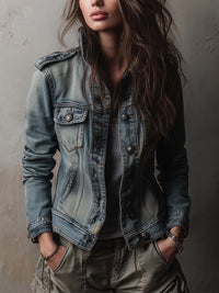 Veste en Denim Utilitaire Lavée et Décolorée avec Épaulières